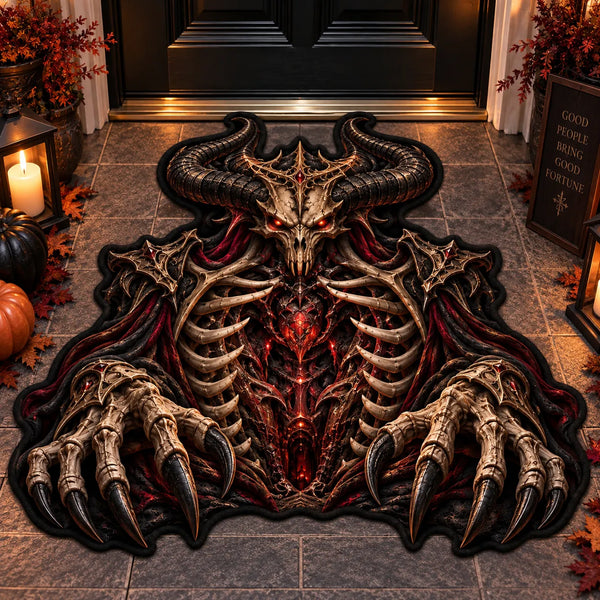 Obsidian Threshold - Horned Skull Doormat in Bone and Ember - main