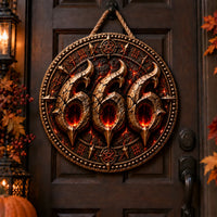 666 in Ember Light - Round Wood Sign With Bite