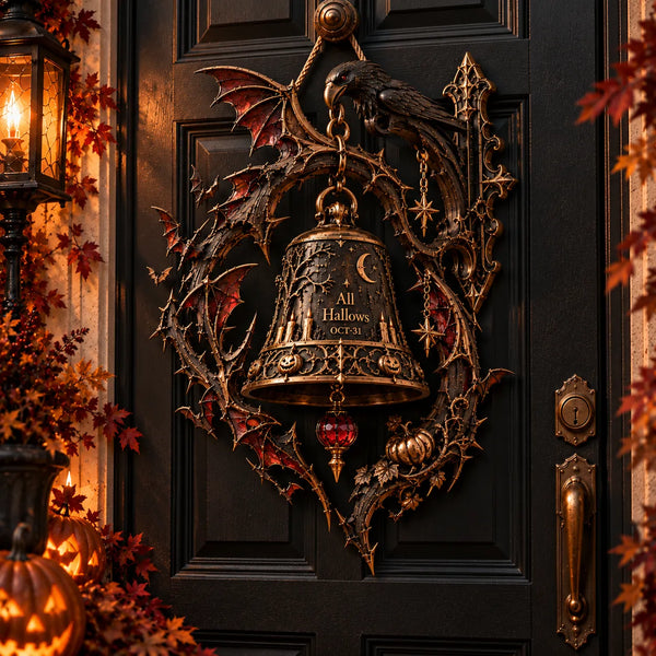 All Hallows - Gothic Bell and Bat Wreath Wood Sign - main