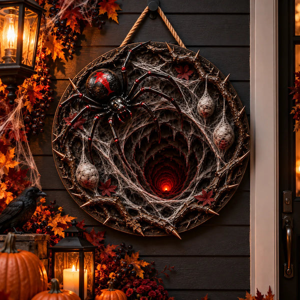 Down the Web - Spider and Ember Round Wood Sign - main