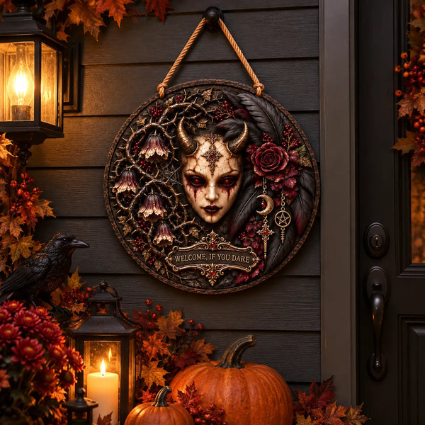 Welcome, If You Dare - Gothic Horned Muse Round Wood Sign - main