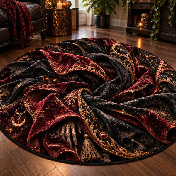 Midnight Spiral - Crimson and Gold Gothic Round Rug - main