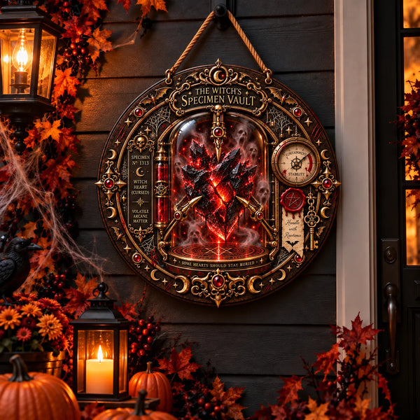 The Witch's Specimen Vault - Crimson Relic Round Wood Sign - main