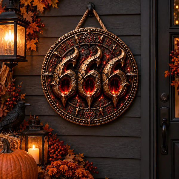 666 in Ember Light - Round Wood Sign With Bite - main